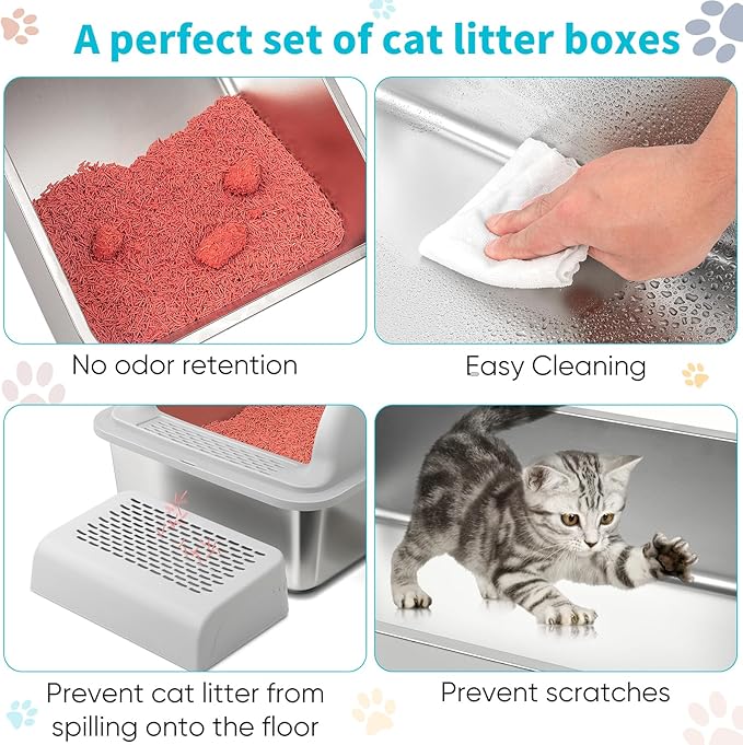 XL Stainless Steel Cat Litter Box with High Sided Lid for Big Cats, 23.5"L x 15.5"W x11.8"H, Metal Kitty Litter Tray with Scoop and Filter Pedal, Leak-Proof,Odorless,Non-Stick,Easy Cleaning