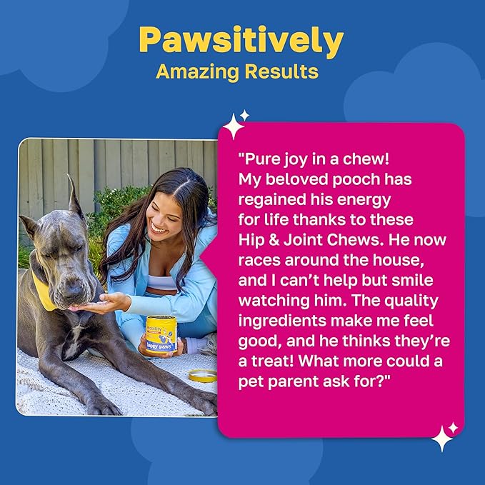 Happy Paws Mobility Hip & Joint Health Support for Dogs, Soft Chews with Glucosamine, Chondroitin, Msm, Green Lipped Mussel, Turmeric & Hyaluronic Acid, Organic, Bacon Flavor, 100 Count