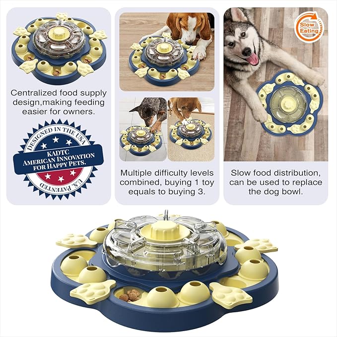KADTC Dog Spinning Puzzle Toy Level 3 in 1 Treat Dispenser Kibble Dispensing Toys for Small/Medium/Large Dogs Slow Food Puzzles Feeder Puppy Brain Mental Stimulation Interactive Enrichment Mind Game