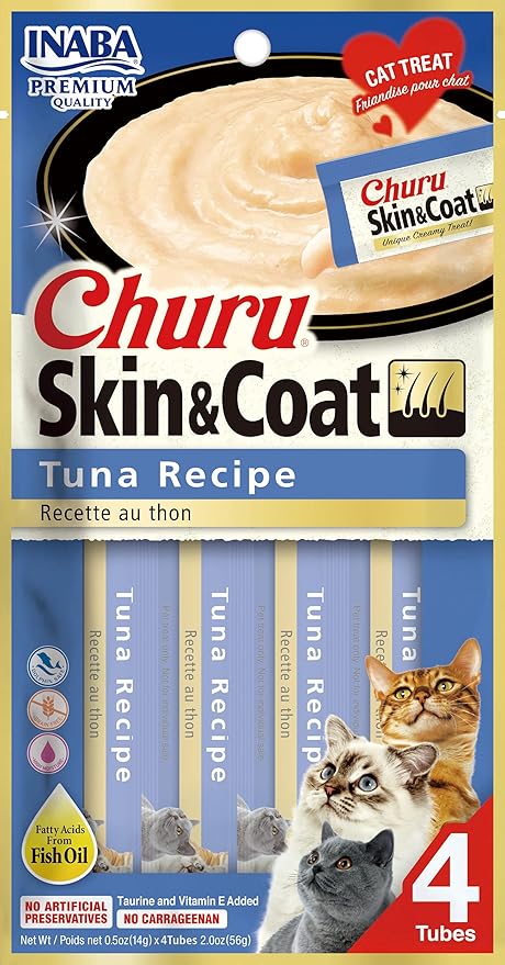 INABA Churu Lickable Purée Natural Cat Treats for Skin and Coat with Omega Oils, Taurine and Vitamin E, 0.5 Ounces Each - Tuna Recipe (4 Tubes)