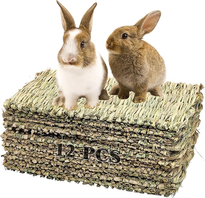 kathson 12 PCS Large Grass Mat for Rabbit, Natural Bunny Woven Hay Mat Straw Small Animal Bedding Nest for Guinea Pigs Hamster Chinchillas Puppy Biddy Sleeping Chewing Scratching