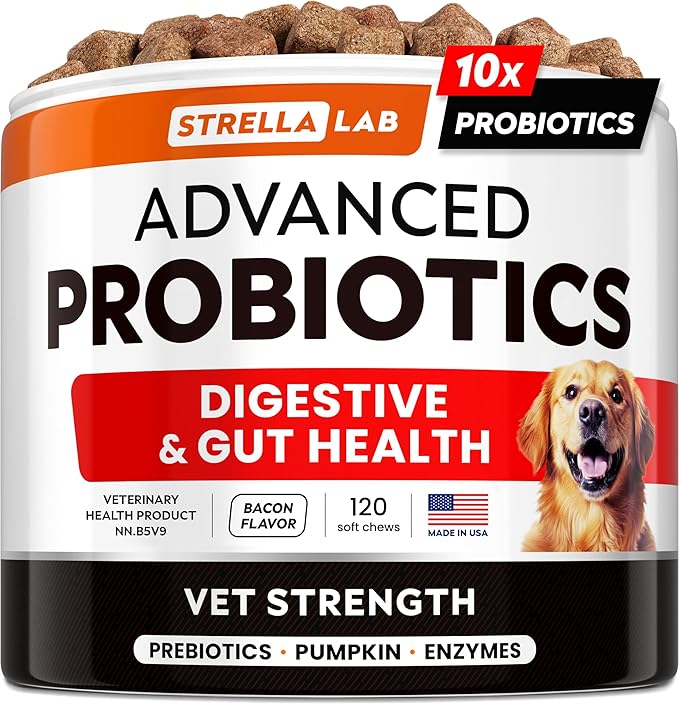 STRELLALAB Vet Strength Dog Probiotics Treats - 1 Billion CFU + Digestive Enzymes + Prebiotics - Chewable Fiber Supplement w/Pumpkin - Allergy, Diarrhea, Gas, Constipation, Upset Stomach Relief