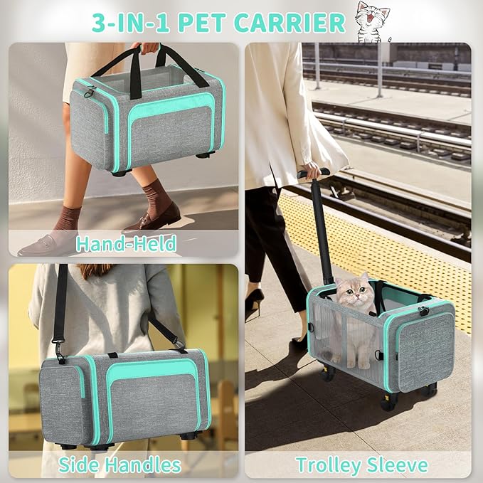 3-in-1 Upgraded Pet Carrier with Wheels, 18" x 11" x 11" TSA Airline Approved, Cat Carrier on Wheels for Small Cats Up to 15Lbs, Rolling Pet Carrier, Cat Soft-Sided Bag for Flying, Travel & Vet