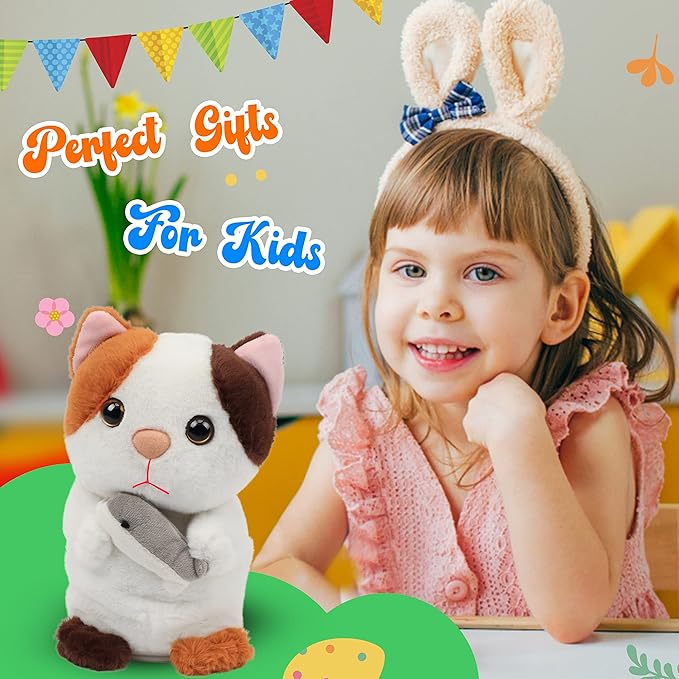 Hopearl Talking Kitty Repeats What You Say Cat with Fish Nodding Electric Interactive Animated Toy Speaking Plush Buddy Gifts for Toddlers, 7''