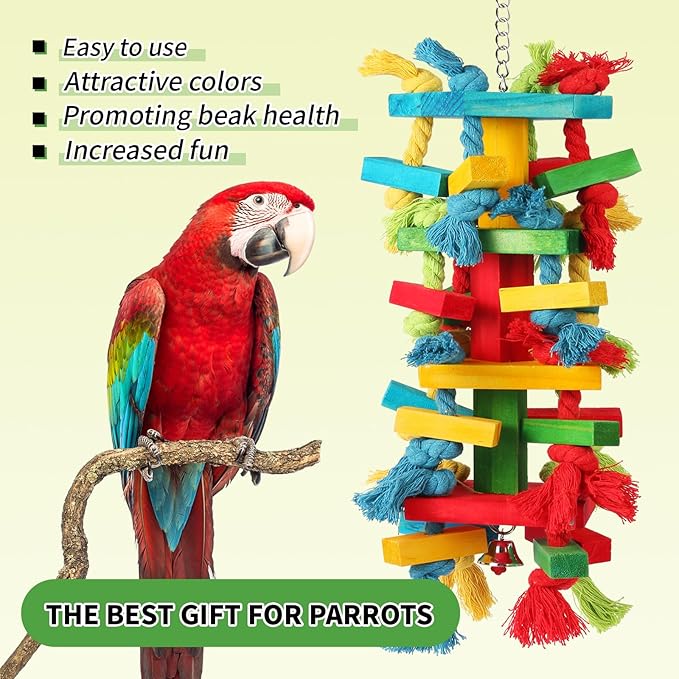 Bird Toys for Large Parrots Natural Wood Block Chewing Toy for Macaws, Cockatoos, African Greys Parrot Cage Hanging Bite Toy for Beak Exercise and Entertainment