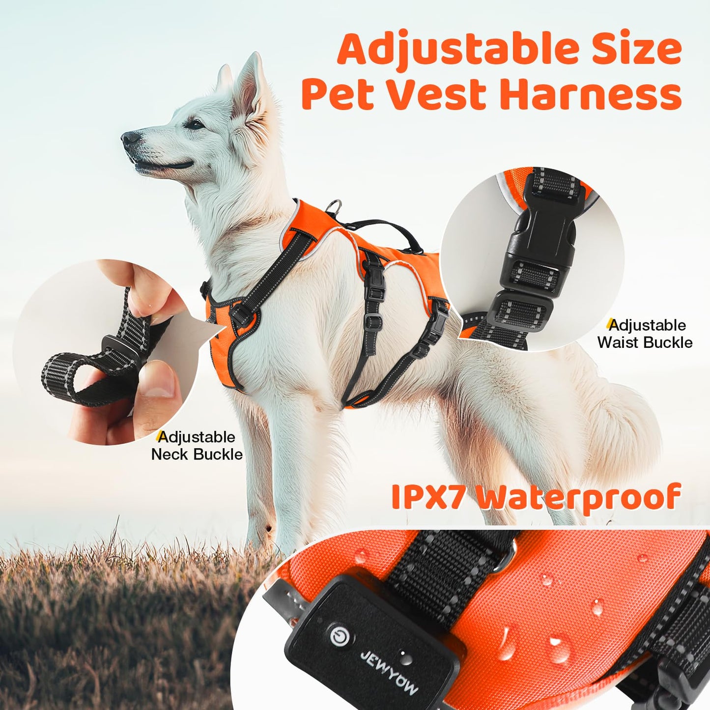 LED Dog Harness - No Pull, Rechargeable, Reflective, Glows in Dark - Orange, Medium