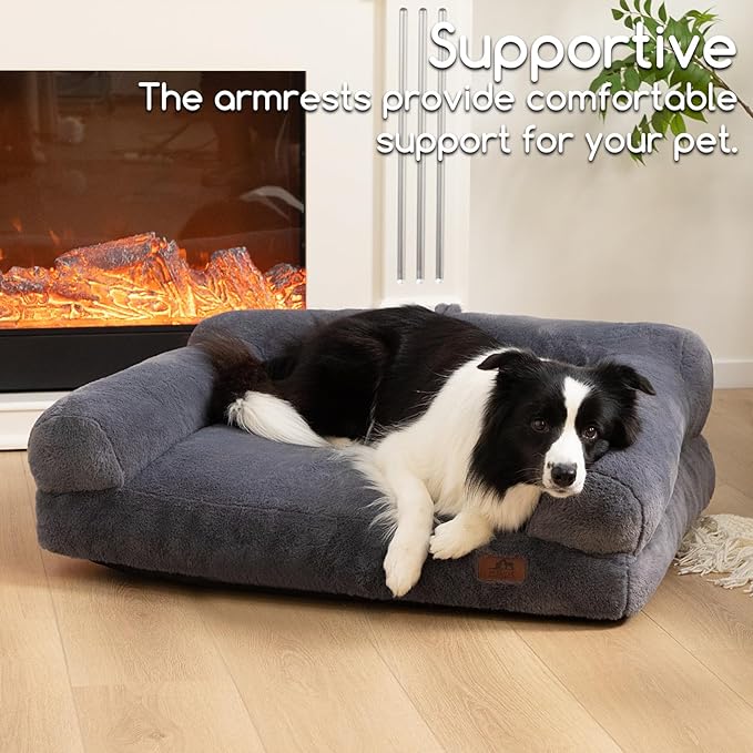 Hollypet Fluffy Plush Pet Sofa Soft Calming Pet Sofa Beds for Medium and Large Dogs, L, Gray