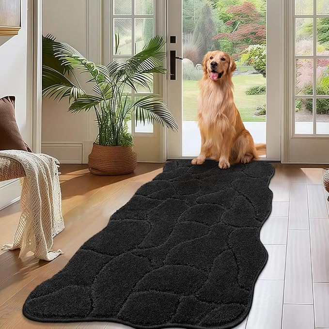 Large Dog Door Mat for Muddy Paws, 22x47 Absorbent Dirt Trapper Long Door Mat, Non-Slip Washable Mud Mat for Dogs, Polyester Microfiber Soft Pet Rug Mat for Entryway, Mud Dog Paws, Patio (Black)