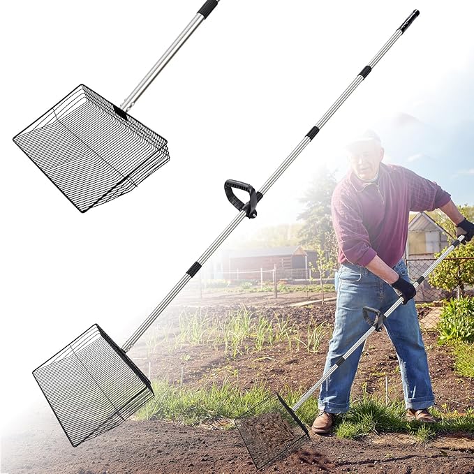 Large Chicken Poop Scooper, Metal Coop Scoop with 32" to 67" Adjustable Long Stainless Steel Handle, Chicken Poop Scooper for Sand with Heavy Duty Sifting Shovel for Chicken/ Horse/ Pet Coops (15 IN)