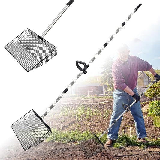 Large Chicken Poop Scooper, Metal Coop Scoop with 32" to 67" Adjustable Long Stainless Steel Handle, Chicken Poop Scooper for Sand with Heavy Duty Sifting Shovel for Chicken/ Horse/ Pet Coops (15 IN)