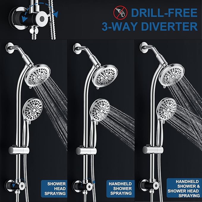 High Pressure Handheld/Rain 82-mode 3-way Shower Head Combo with 25.75" Adjustable Drill-free Stainless Steel Slide Bar, Pet & Tub Power Wash and Anti-clog Nozzles, with 5ft Hose - Polished Chrome