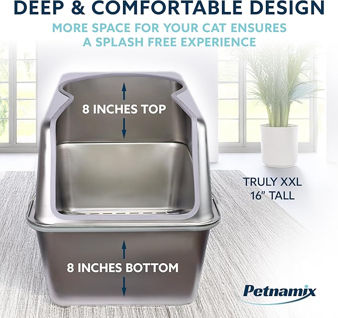 XXL Stainless Steel Litter Box with Lid 30L Capacity 16" Inch High Sides, Leak Proof Anti Tracking Pedal Non Stick Easy Clean Splash Proof Removable Top for Large and Multi Cats Includes Scoop & Mat