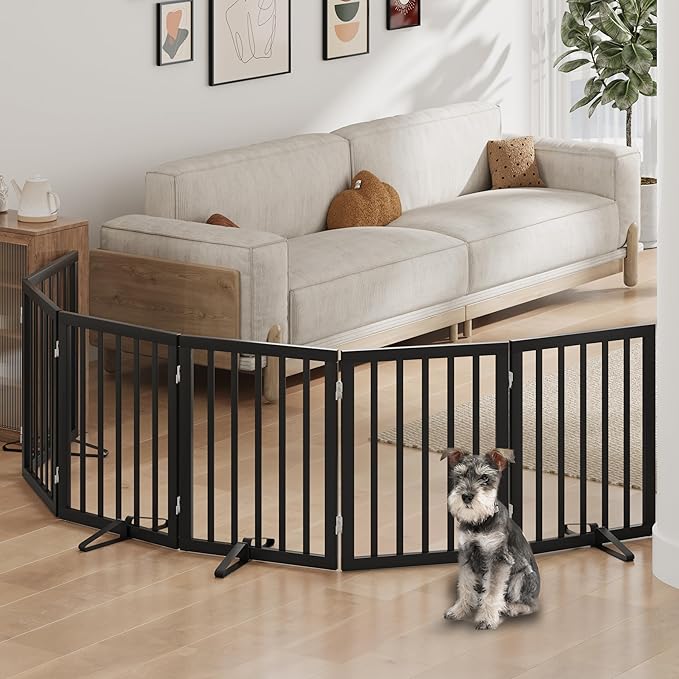 Freestanding Foldable Dog Gate - Indoor/Outdoor Pet Gate with Metal Support Feet - Room Divider, 6 Panels (Black)