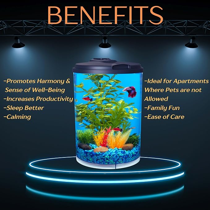Koller Products 3-Gallon 360 Aquarium with LED Lighting (7 Color Choices) and Power Filter, Ideal for a Variety of Tropical Fish,Crystal-Clear Clarity,AP360A-3FFP