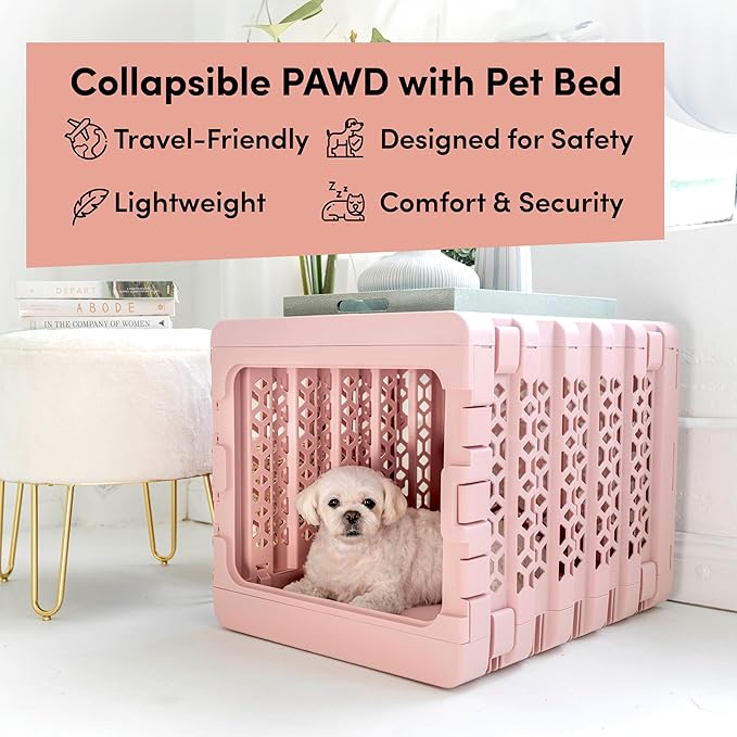 KindTail PAWD Collapsible Puppy and Dog Crate + Washable Bed - Stylish Pet Kennel with Comfortable Pad - Safe Indoor Set - Lightweight, Compact & Portable for Travel - Medium Blue