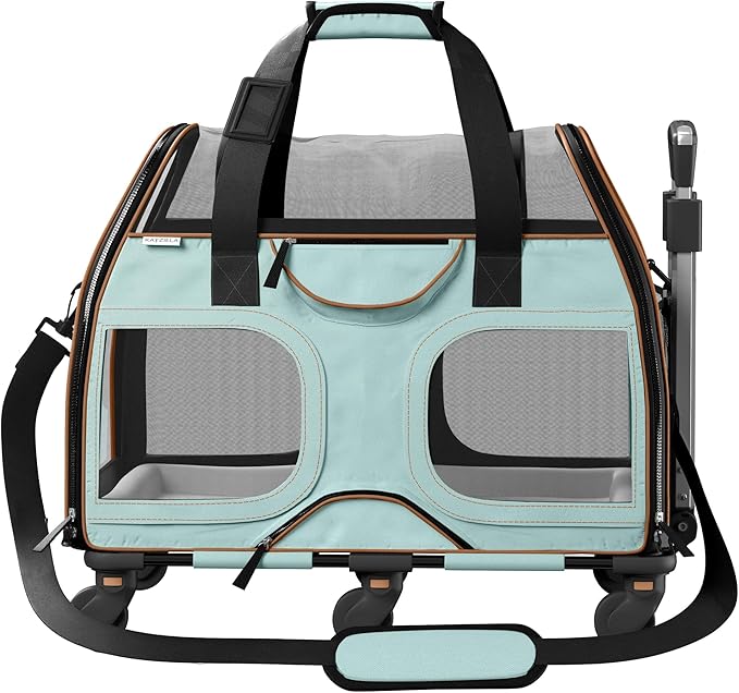 Katziela Pet Carrier - Airline Compliant Dog Carrier - TSA Approved Pet Carrier for Small Dogs and Cats - Soft FAA Travel Airplane Dog Carrier Luggage (Blue/Brown-6 Wheels)