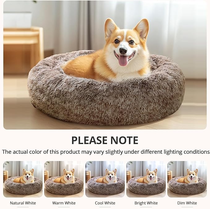 JOLLYVOGUE Medium Calming Dog Bed, Anti-Anxiety Donut Cuddler Cat Bed with Anti-Slip Bottom, Fluffy Faux Fur Machine Washable Pet Cushion for Medium Dog & Cat, 27"/Smoke Brown