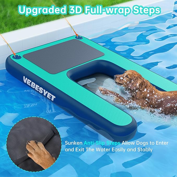 Inflatable Dog Water Ramp, Dog Floats Ramp Ladder for Pools, Boats, Docks, Sea and Lake, Non-Slip EVA 4ft x 3.3ft Platform for Dogs Up to 180LBS