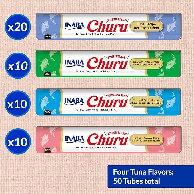 INABA Churu Cat Treats, Grain-Free, Lickable, Squeezable Creamy Purée Cat Treat/Topper with Vitamin E & Taurine, 0.5 Ounces Each Tube, 50 Tubes, Tuna Variety