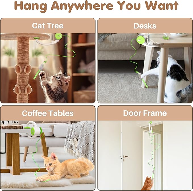 Interactive Cat Toys Rechargeable, Feather Toy for Indoor Cat, Hanging Retractable Teaser Toy, Automatic Kitten Play Chase Exercise Toys with Three Plush Mouse, USB Powered (Green)