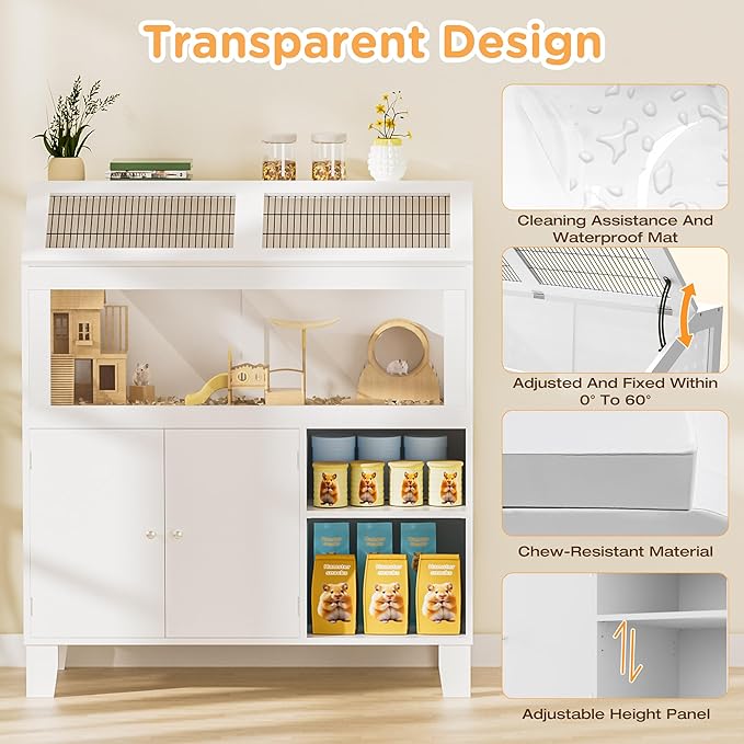 Hamster Cage, Large Hamster Cage with Storage Cabinet, Large Habitat with Easy View Acrylic Panels, Wooden Small Animal Cages for Guinea Pigs, Rabbits, Gerbils, Hedgehogs, White