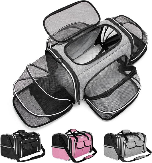 Estarer Soft Sided Pet Carrier Airline Approved, 4 Sides Expandable Collapsible Cat Carrier with Pockets & Removable Fleece Pad, Travel Carrier Bag for Cat Dog & Small Animals (Grey)