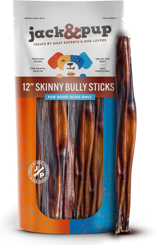 Jack&Pup 12 Inch Skinny Bully Sticks for Small Dogs | Thin Odor Free Bully Sticks Sheaths | All Natural, 100% Beef Pizzle Sticks for Seniors and Puppies (Skinny, 12 Pack)
