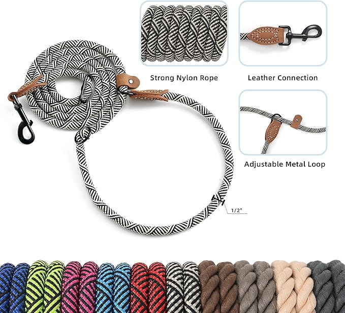 Mile High Life Hands Free Dog Leash, Crossbody Waist Leash with Genuine Leather Connection, Multifunctional Adjustable Slip Lead for Dog Walking Running (White, 7FT)