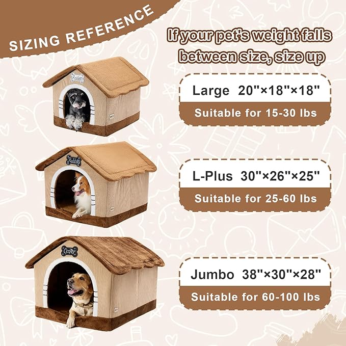 Jiupety Indoor Dog House with Frame, Large Dog Cave Bed, Insulated Cozy, Suitable for 15-30 lb, Large (20"×18"×18"), Brown