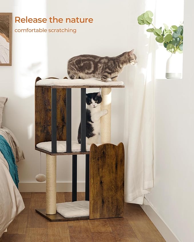 FourFurPets 35.4in 3-Tier Modern Cat Tree Tower Condo, Cat Scratch Posts for Indoor Cats, Big Plate, Two Full Sisal Scratching Posts, Rustic Brown