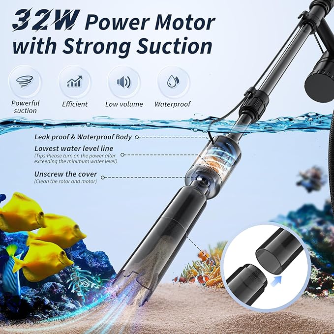 Fish Tank Cleaner - Aquarium Gravel Cleaner, 530GPH/32W Electric Fish Tank Cleaning Tools, Adjustable Water Flow Aquarium Cleaner Kit, Turtle Tank Gravel Cleaner Vacuum for Wash Sand, Water Changing