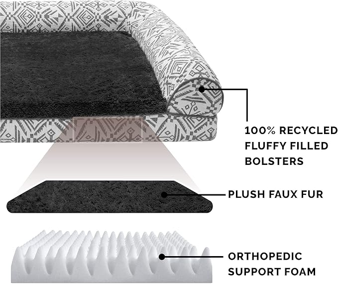 Furhaven Orthopedic Dog Bed for Large Dogs w/ Removable Bolsters & Washable Cover, For Dogs Up to 95 lbs - Plush & Southwest Kilim Woven Decor Sofa - Boulder Gray, Jumbo/XL