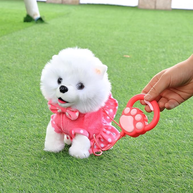 Hopearl Walking Pomeranian Interactive Electronic Pet Dog Toy Remote Control Leash Animated Puppy Nodding Barking Wagging Tail Gifts for Toddlers Birthday, White, 10''