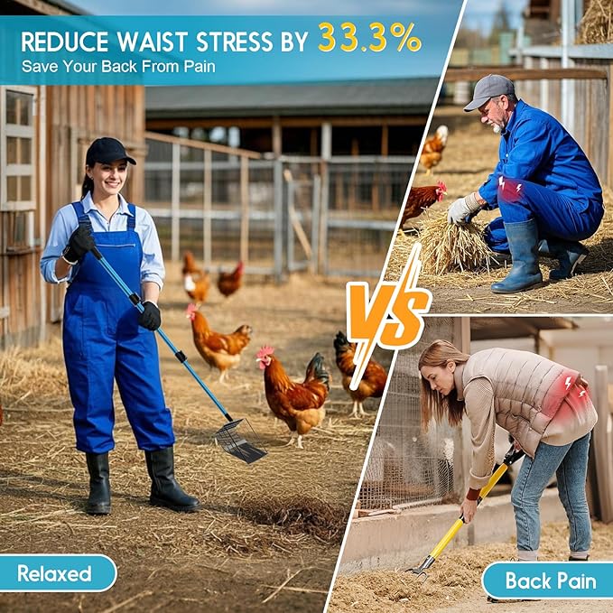 Large Chicken Poop Scooper & Rake: 22"-41" Extendable Long Handle Metal Chicken Coop Scooper with Detachable Heavy Duty Litter Sifting Shovel for Pet Waste | Chicken Coop Accessories