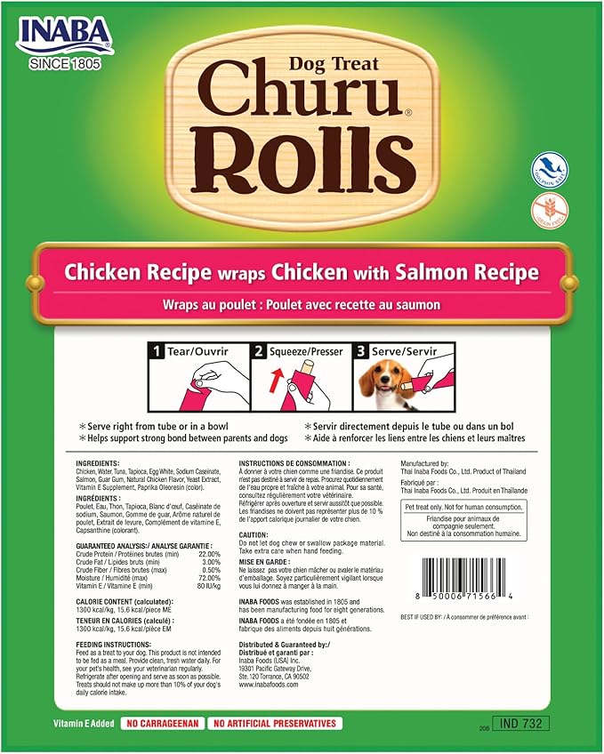 INABA Churu Rolls for Dogs, Soft & Chewy Baked Chicken Wrapped Filled Dog Treats, 0.42 Ounces Each Tube, 64 Tubes Total, Chicken with Salmon Recipe