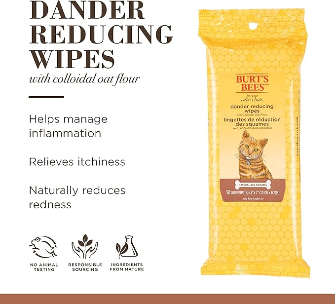 Burt's Bees for Pets Cat Dander Remover Wipes with Colloidal Oat Flour - Pet Dander Remover Cat Wipes for Allergy Relief, Dry Skin Relief for Cats and Kittens, 50 Count - 2 Pack