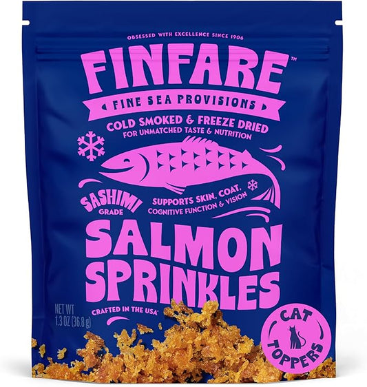 Finfare Freeze Dried Salmon Sprinkles, Grain Free Salmon Meal Topper to Support Taste & Nutrition, High Protein & Omega-3s, Crafted in USA, 1.3oz