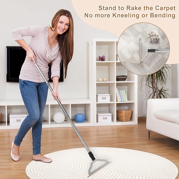 47“ Adjustable Long Handle Carpet Rake Pet Hair Remover, Reusable Large Metal Lint Remover Brush for Embedded Fur Removal from Low Pile Rugs Stairs, Carpet Brush Scraper Dog Cat Hair Remover Broom