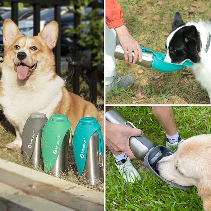 LumoLeaf Portable Dog Water Bottle 27 OZ, Stainless Steel Pet Travel Water Bottle Dispenser for Walking, Hiking and Outdoor, Portable Water Bowl for Large Dogs (Grey)