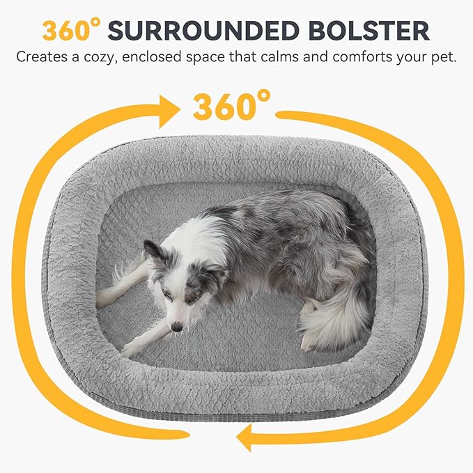 JOEJOY Orthopedic Dog Beds Large Sized Dog, Egg-Crate Memory Foam Pet Couch Bed with Bolster Sides, Waterproof Lining, Removable Washable Cover & Non-Slip Bottom, Light Grey
