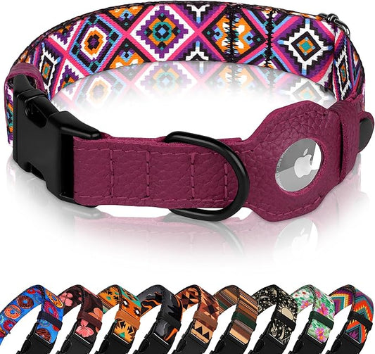 AirTag Dog Collar with Metal Buckle - Soft Leather Printed Nylon Dog Collar with Apple AirTag Holder - Cute Tracking GPS Pet Collars for Girl Boy Small Large Dogs (M, 14"-18" Neck Fit, Aztec)