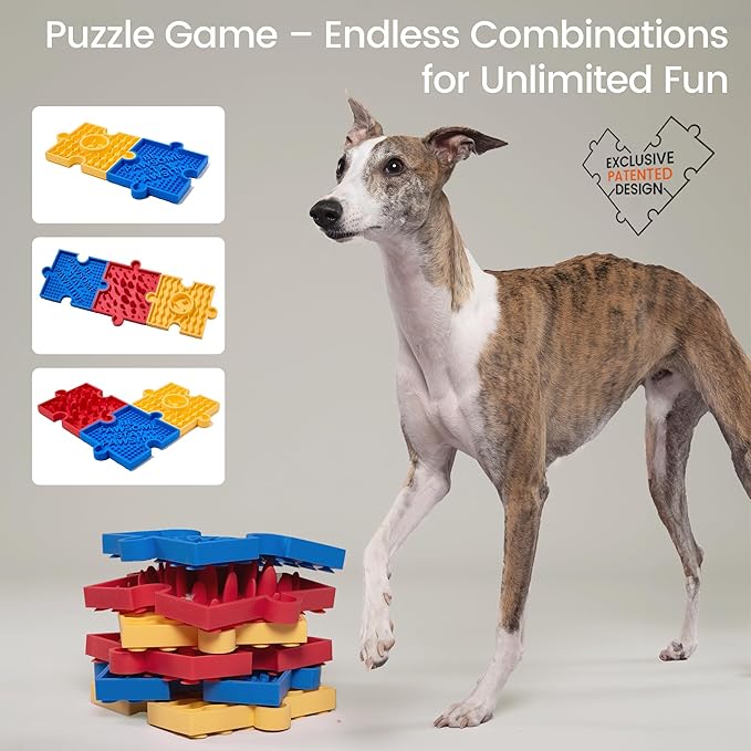 HowGo Puzzle Slow Feeder Lick Mat for Dogs, 38+ Suction Cups|Non-Slip Heavy Duty Maze Enrichment Bowl BPA-Free Silicone|Reduce Boredom Anxiety Free Combination (3PCs, Blue&Yellow&Red)