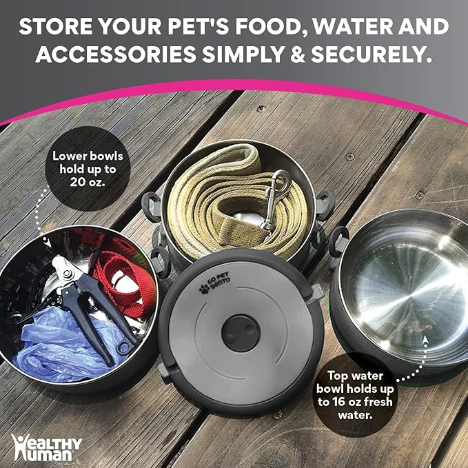 Healthy Human Travel Pet Bento Bowls - Human-Grade Stainless Steel & BPA-Free, Leak-Proof Water & Food Container Set for Dogs & Cats, 3-Pack Interlocking Bowls, Includes Spare Clips & Handle (Gray)