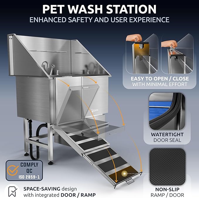 KANIS Professional Stainless Steel Dog Bathing Station - Grooming Tub w/Ramp, Storage Drawer, Floor Grate & Faucet/Dog Bathtub for Large, Medium & Small Pets (40", 1 Drawer - Left RAMP)