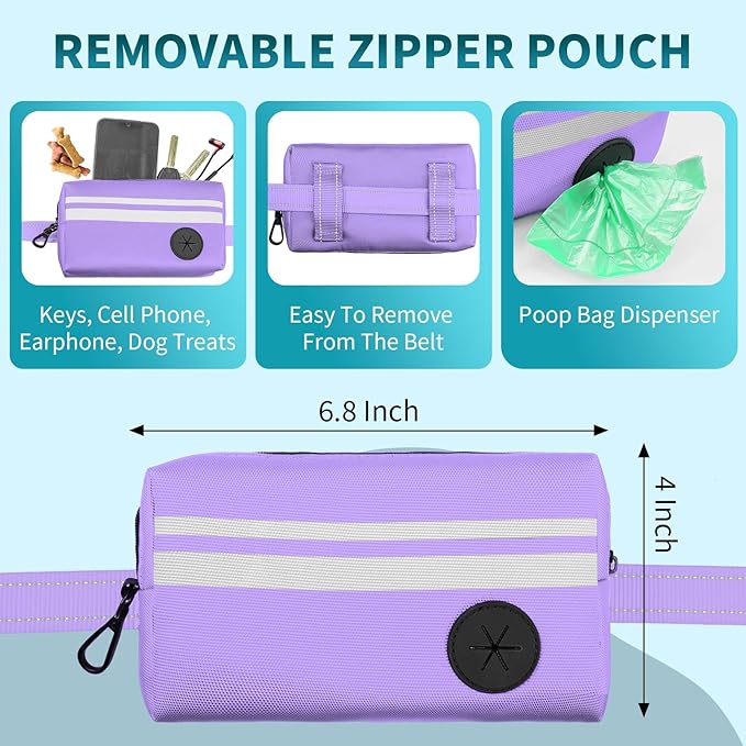 Hands Free Dog Leash with Removable Zipper Pouch, Dual Padded Handles and Durable Bungee for Walking, Jogging and Running-Purple