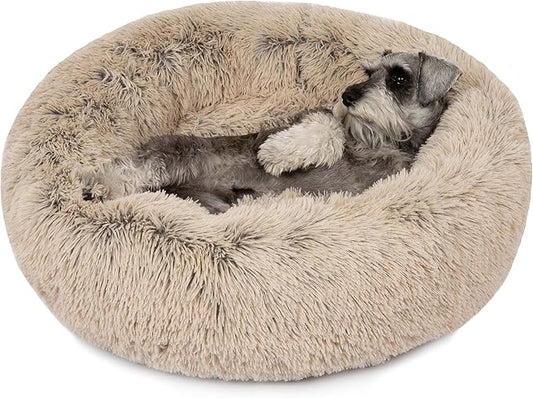 Friends Forever Donut Dog Bed Faux Fur Fluffy Calming Sofa For Medium Dogs, Soft & Plush Anti Anxiety Pet Couch For Dogs, Machine Washable Coco Pet Bed with Non-Slip Bottom, 30"x30"x7" Tan