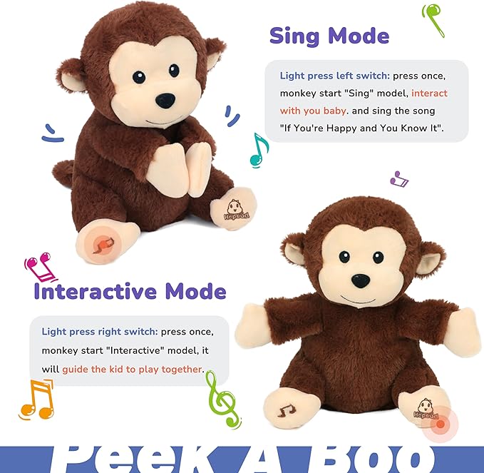 Hopearl Clapping Monkey Interactive Musical Stuffed Animal Singing Plush Toy Adorable Electric Animate Gifts for Kids, Brown, 11''