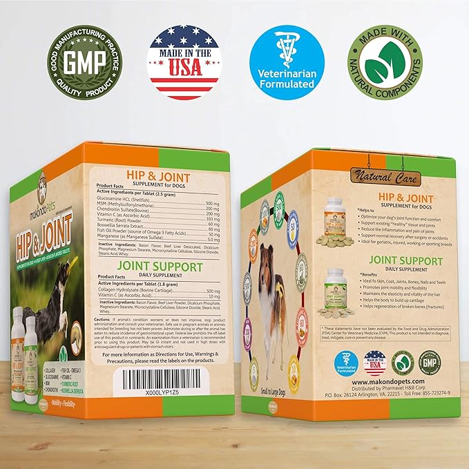 Hip and Joint Supplement for Dogs with Chondroitin, Collagen, Turmeric, Glucosamine and MSM - Dog Arthritis Supplement. Joint Supplement Large Breed and Small. (120 Tabs)