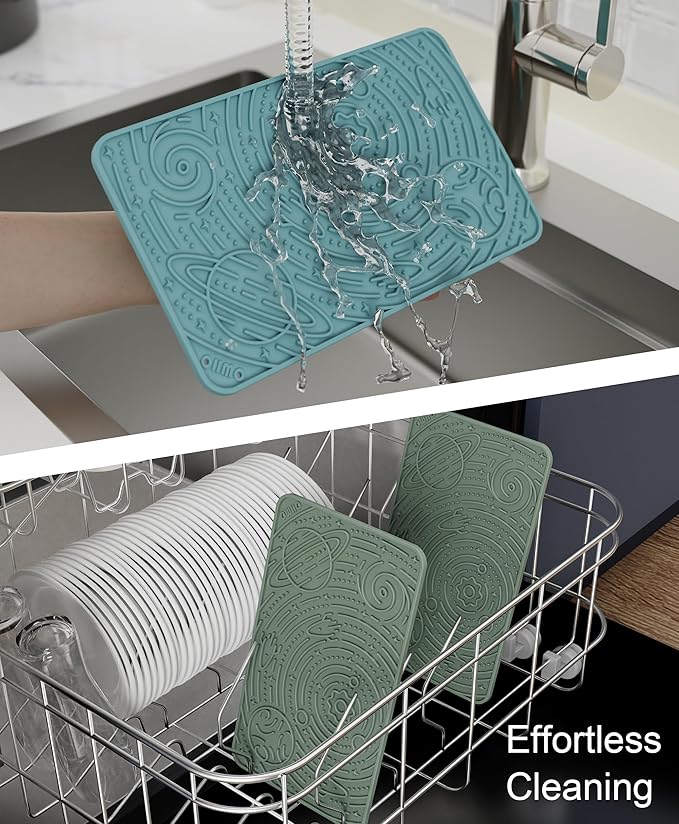 OHMO Lick Mat for Dogs & Cats - Large Size 9.8"×5.9" (2pcs, Blue+Green) - Space Star Design Slow Feeder with Suction Cups, Keep Them Busy & Anxiety Relief, Easy Clean Enrichment Accessories