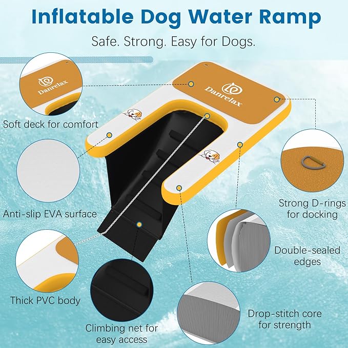 Inflatable Dog Boat Ramp, 59" L x 39" W x6 H Perfect for Large-Sized Pets Up to 220 lbs, Boat Water Ladder with Claw-Friendly High Stability Non-Slip EVA Float for Pool, Lake, Dock & Seat